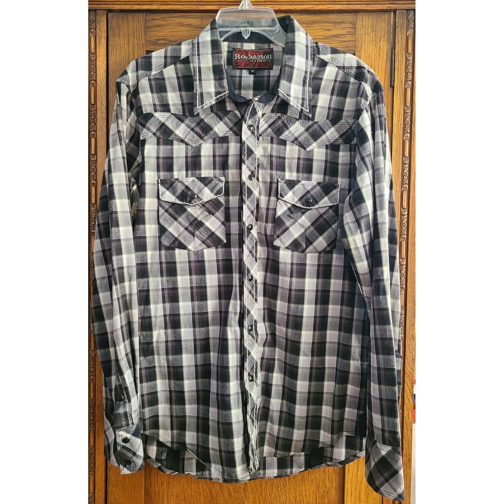 Rock‎ & Roll Cowboy Mens Black Plaid Long Sleeve Western Snap Shirt Medium